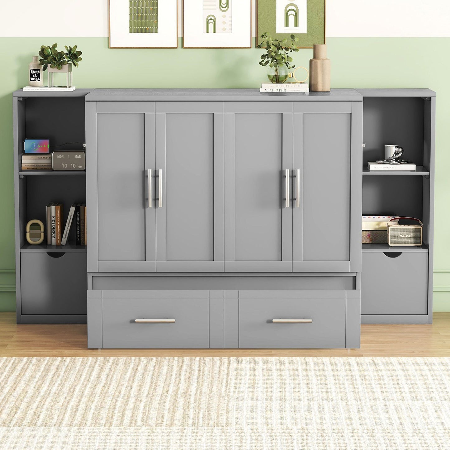 Murphy Bed With Shelves, Drawers And USB Ports