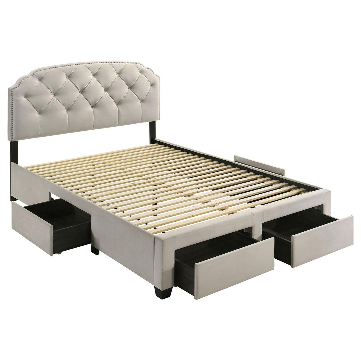 4 Drawer Upholstered Queen Storage Bed With Button Tufting And Nailhead Trim - Cream