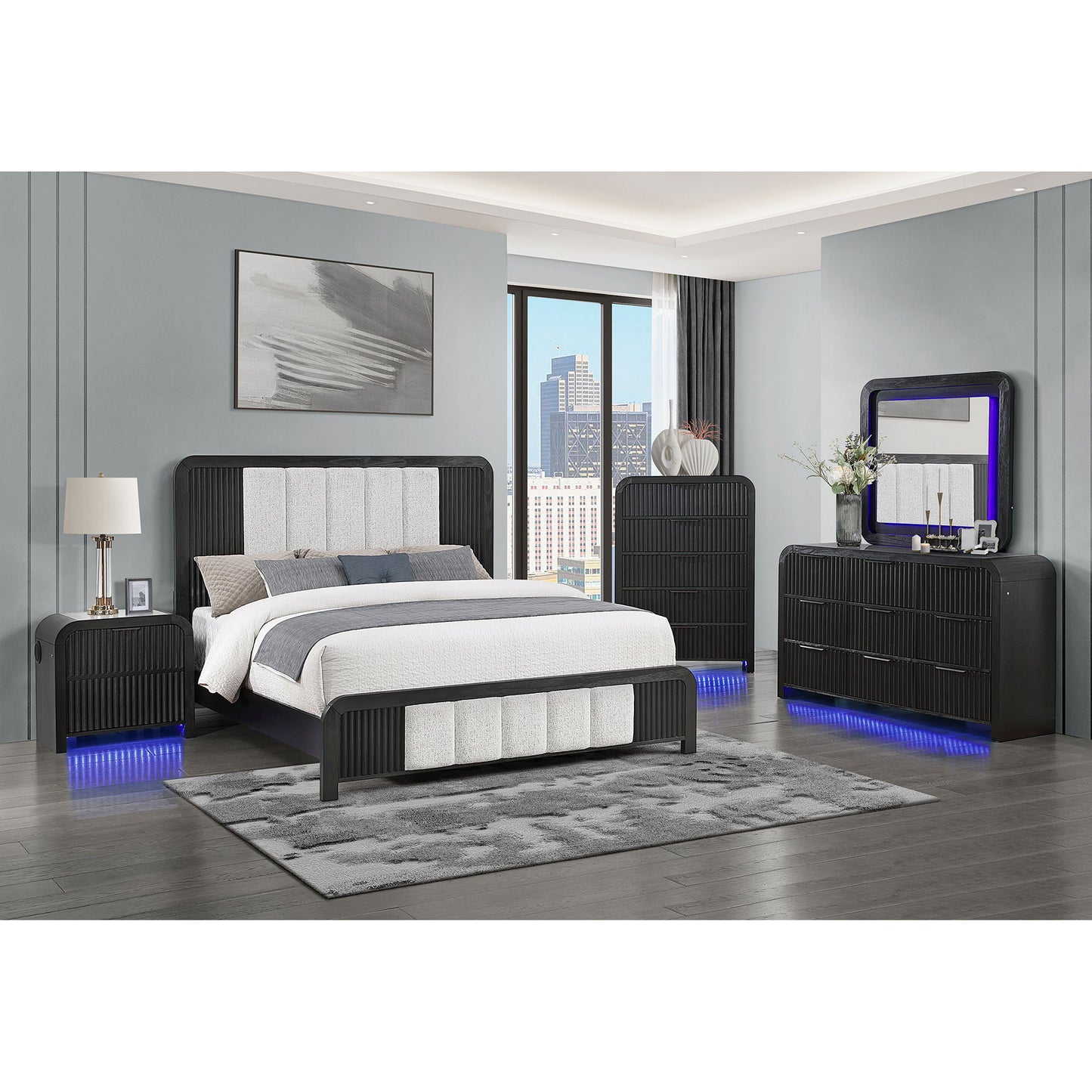 Beverly - Nightstand With Cooler And Speaker, LED Light, Rounded Sides - Black White