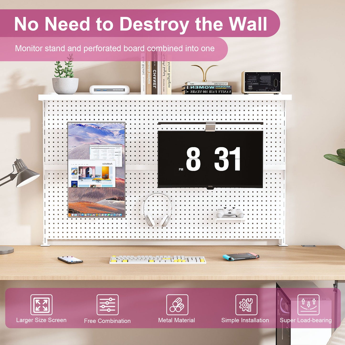 Clamp On Desk Pegboard With Single Monitor Stand