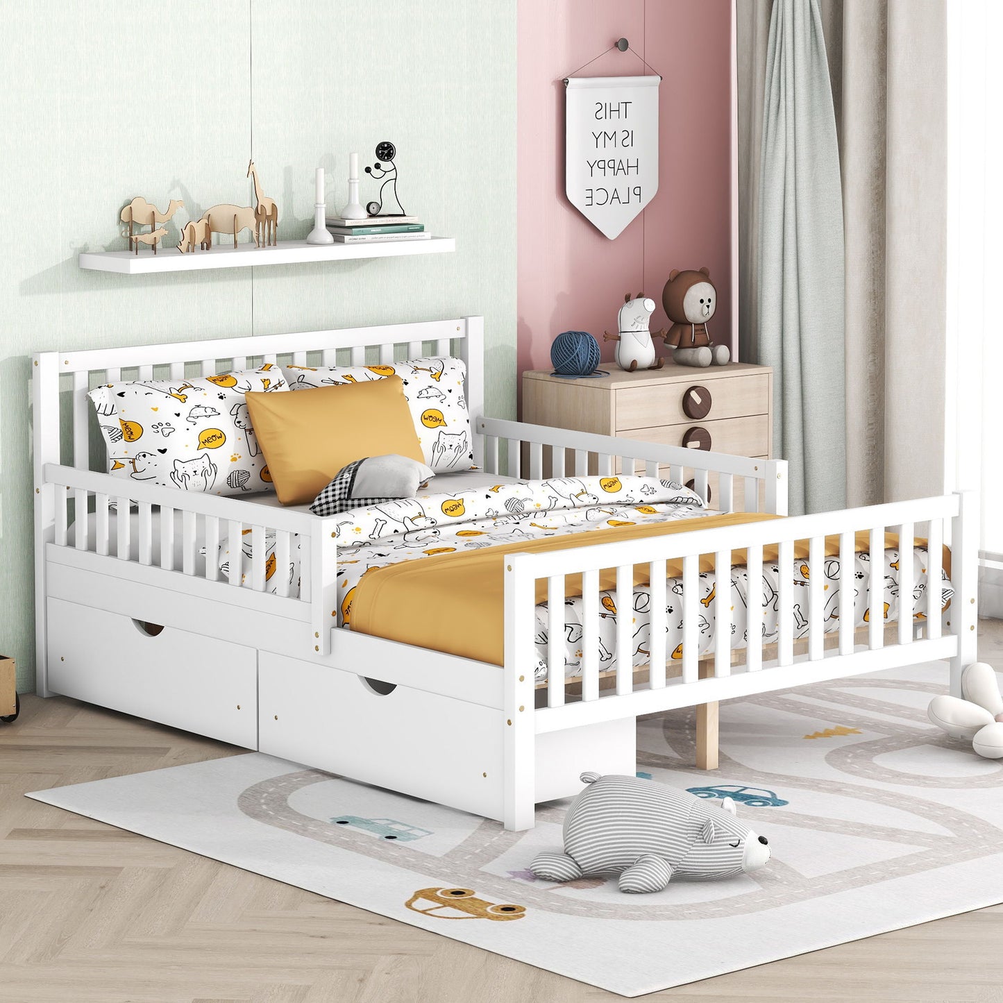 Platform Bed With Guardrails On Both Sides And 2 Storage Drawers