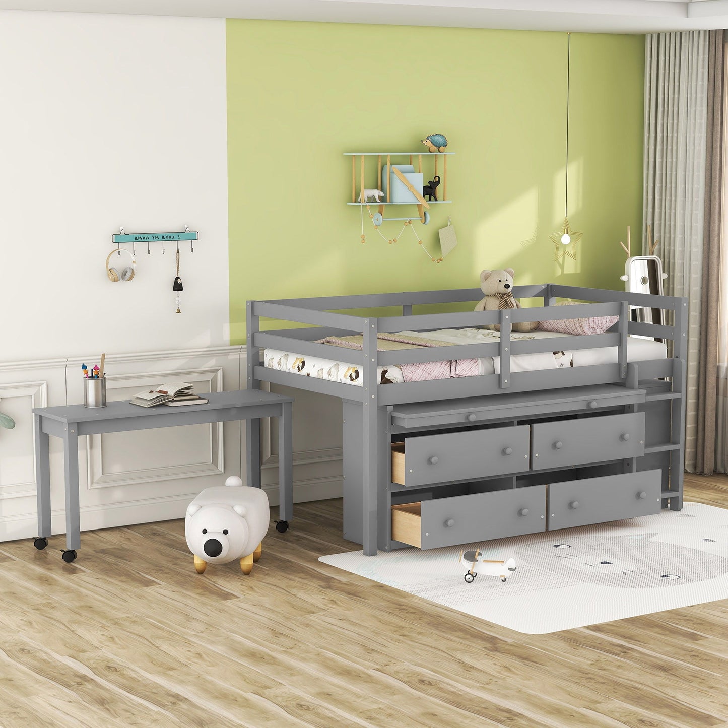 Loft Bed With Retractable Writing Desk And 4 Drawers, With Lateral Portable Desk And Shelves