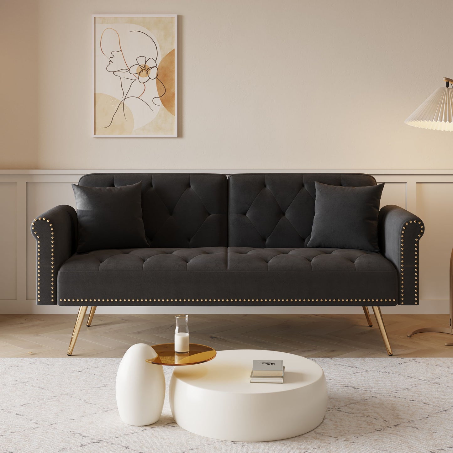 Luxurious Sofa Bed With Nail Head Trim And Matching Pillow