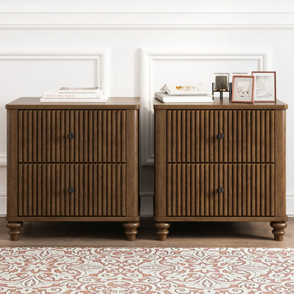 Mid Century Modern Fluted Nightstand 2 Piece Set With 3 Drawers - Walnut
