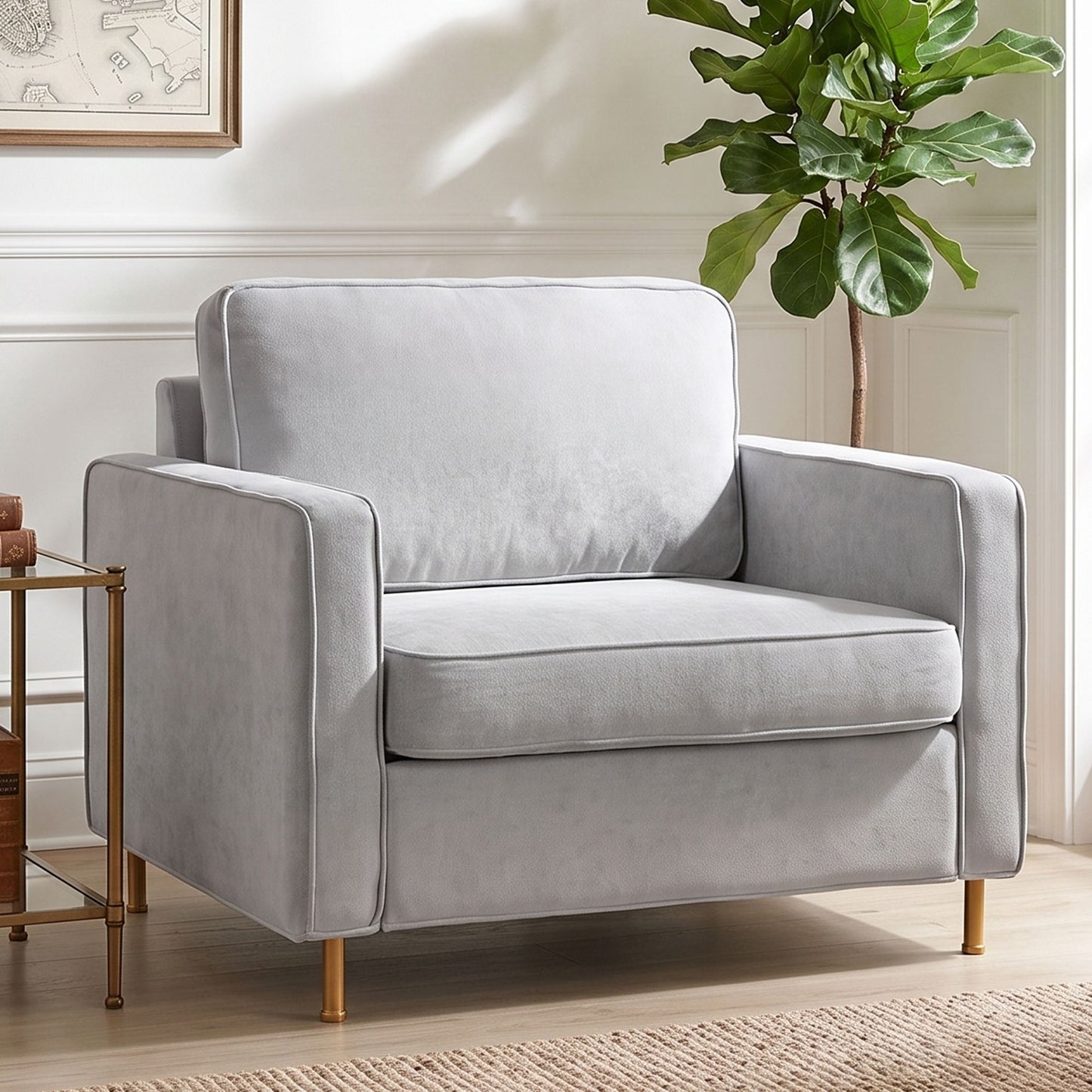 Accent Chair Upholstered Single Sofa With Square Arms, Sewn Pillow Back For Living Room