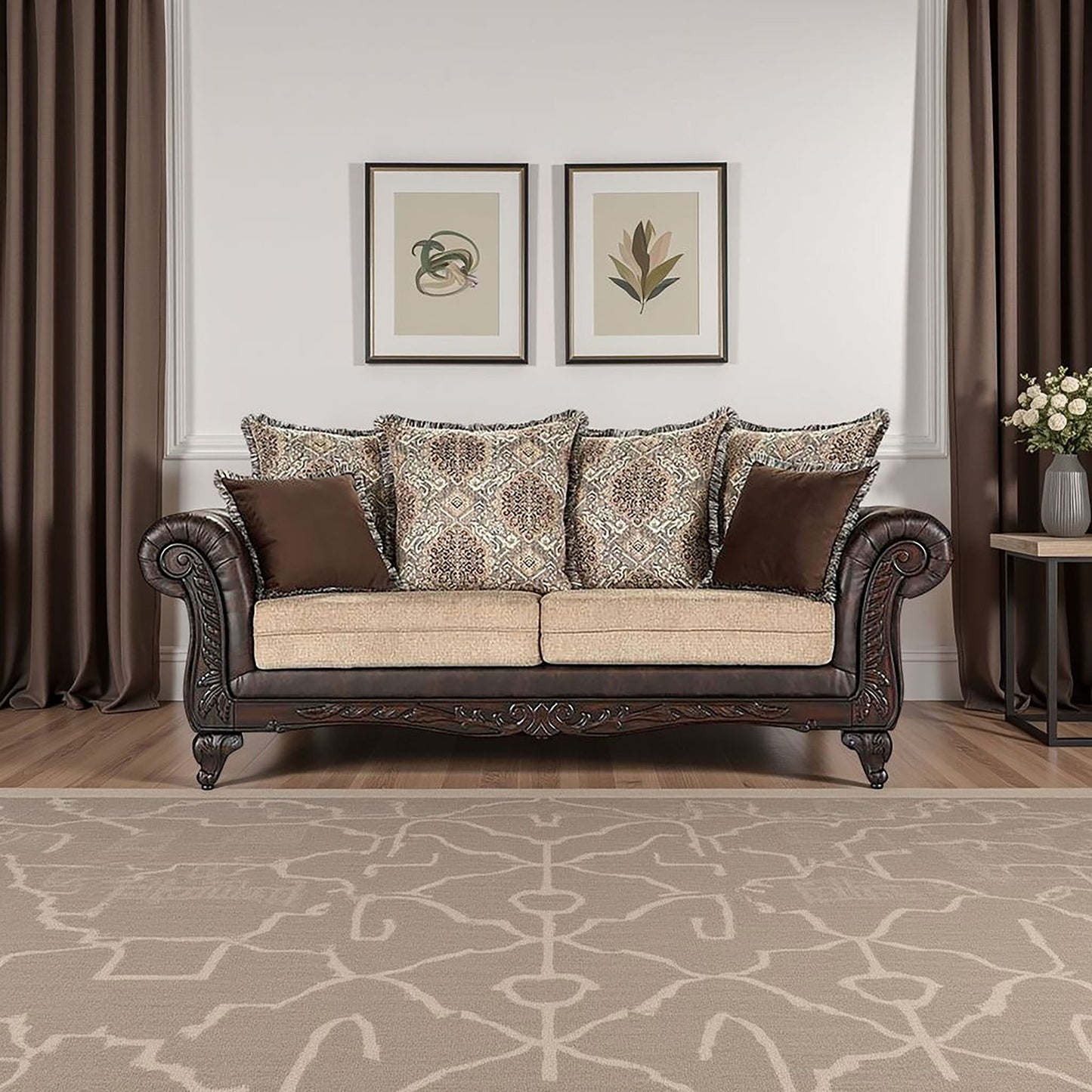 Brookridge - Rolled Arm Sofa With Ornate Details And Mixed Upholstery - Brown