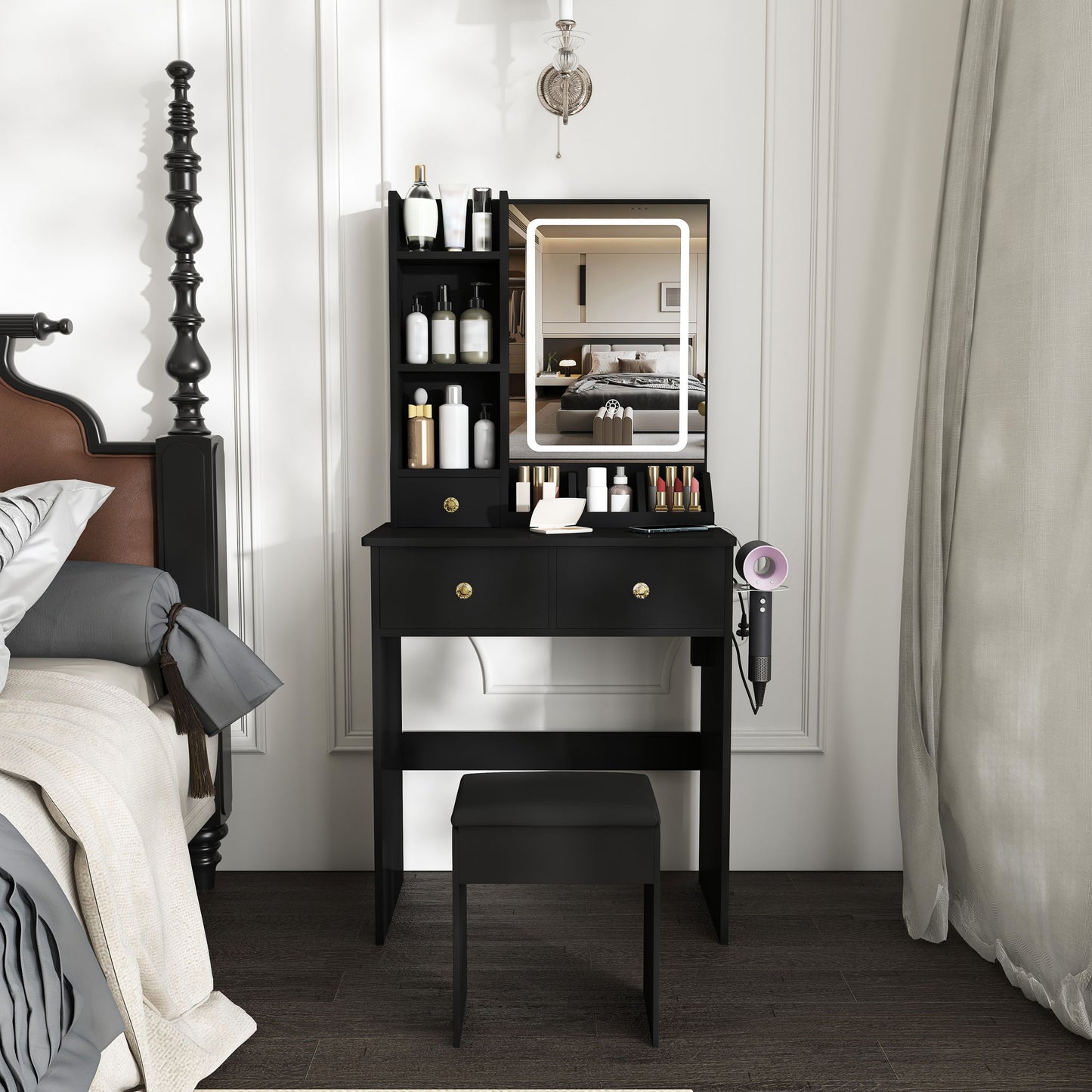 Modern Small Vanity Desk With 3 LED Lighting Modes, 3 Drawers