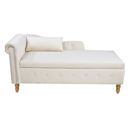 Chaise Lounge Indoor, Lounge Chair For Bedroom With Storage & Pillow, Modern Upholstered Rolled Arm Chase Lounge For Sleeping With Nailhead Trim For Living Room Bedroom Office