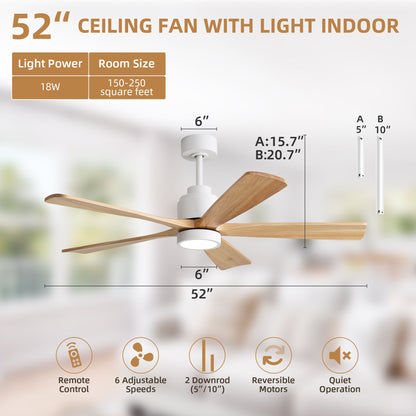 52" Ceiling Fan With Remote Control, Dimmable 3 Color Temperature LED Light, Quiet Reversible DC Motor