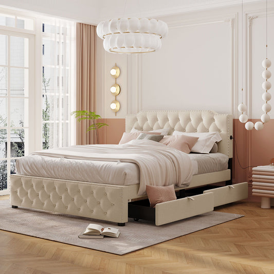 Upholstered Platform Bed With 2 Drawers And 2 Sets Of USB Ports On Each Side, Fabric