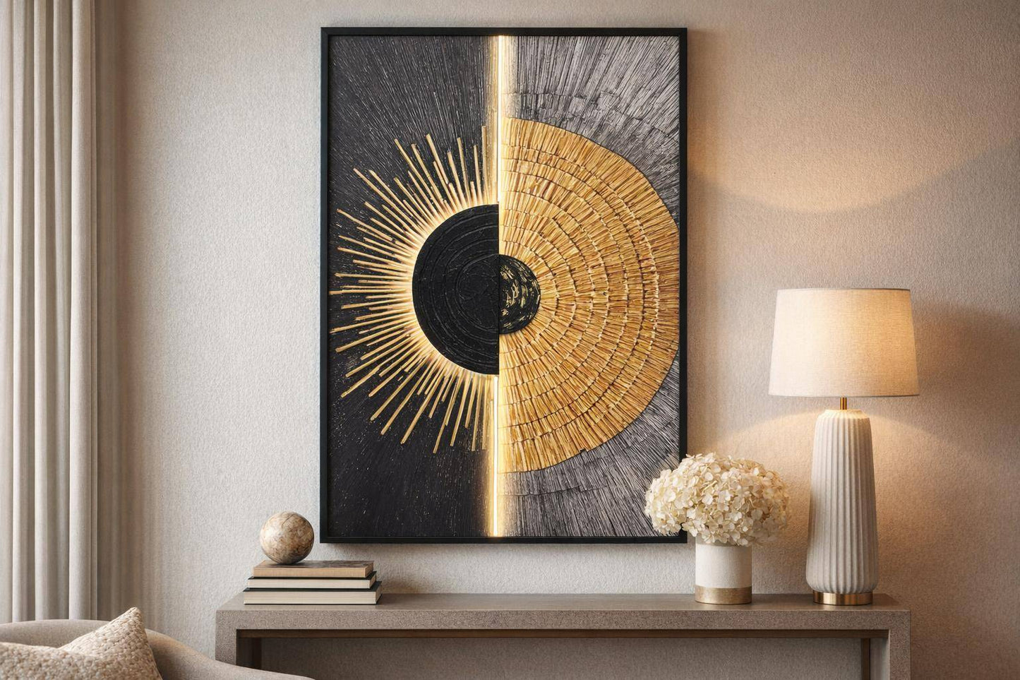 Solar Divide II Hand-Embellished LED Canvas In Frame - Black / Gold