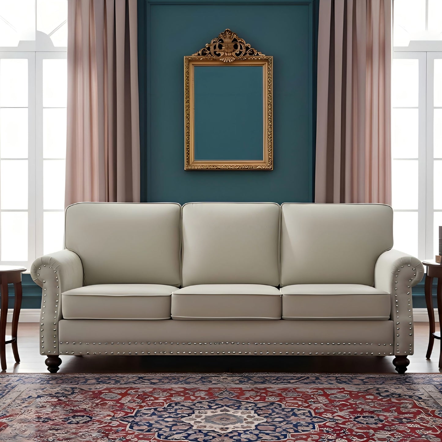 3 Seater Sofa With Nailhead Trim And Turned Legs For Living Room