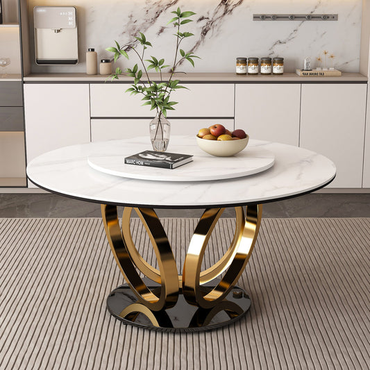 Round Dining Table With 360° Smooth Lazy Susan For Dining Room - Gold / Black / White