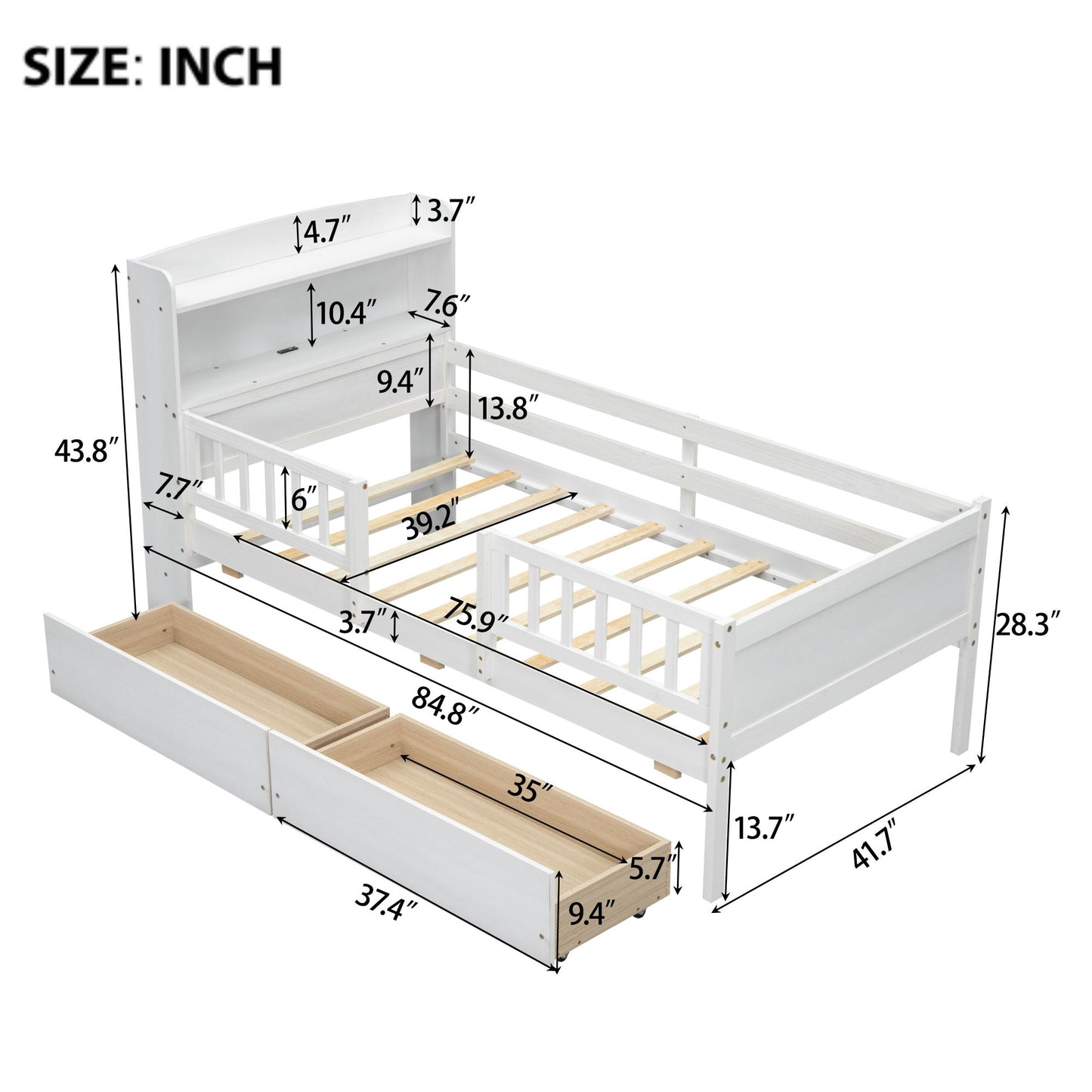 Platform Bed With LED Light, Multi Functional Headboard, Guardrail And 2 Drawers
