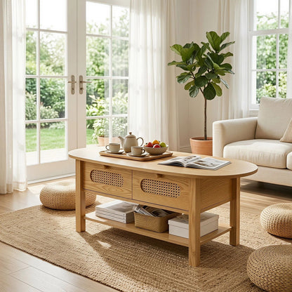 Oval Coffee Table With With 2 Storage Drawers For Living Rooms - Wood