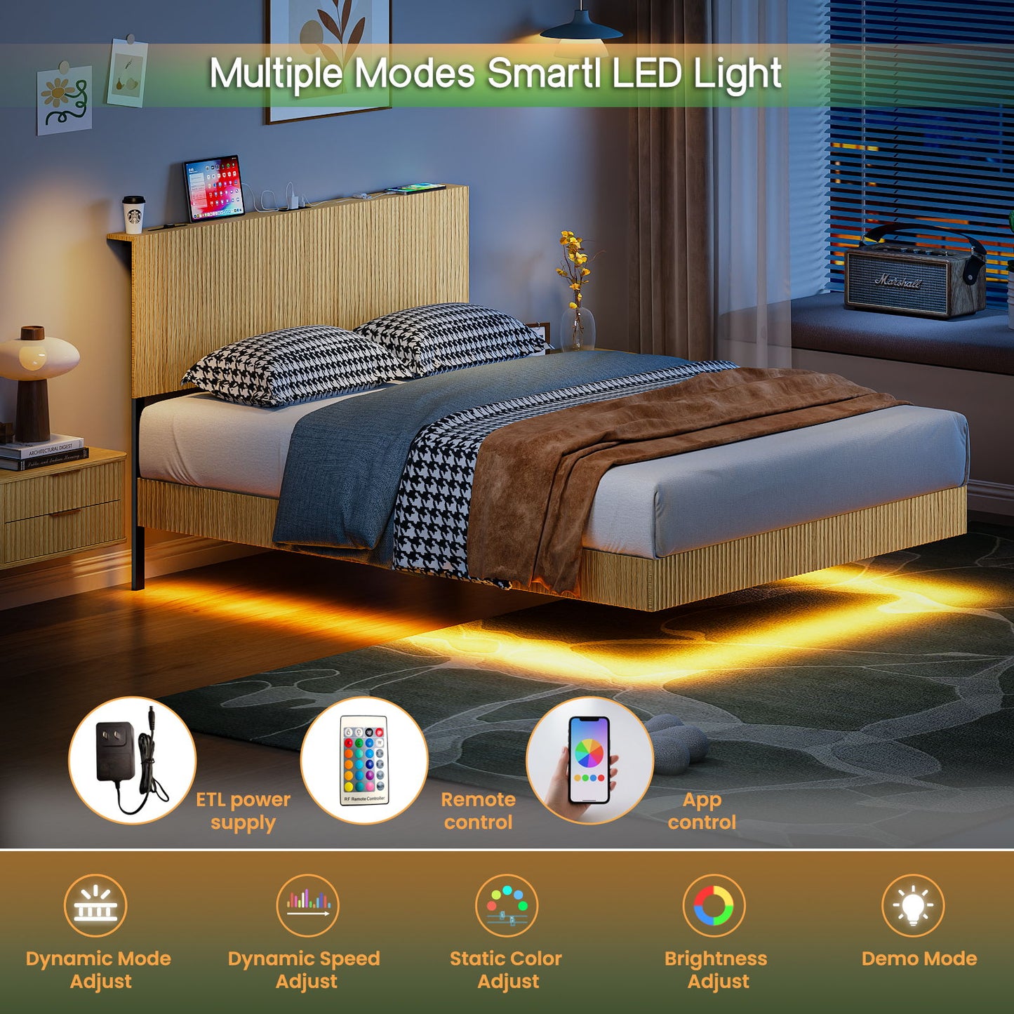 Floating Bedstead With Charging Station And LED Lights