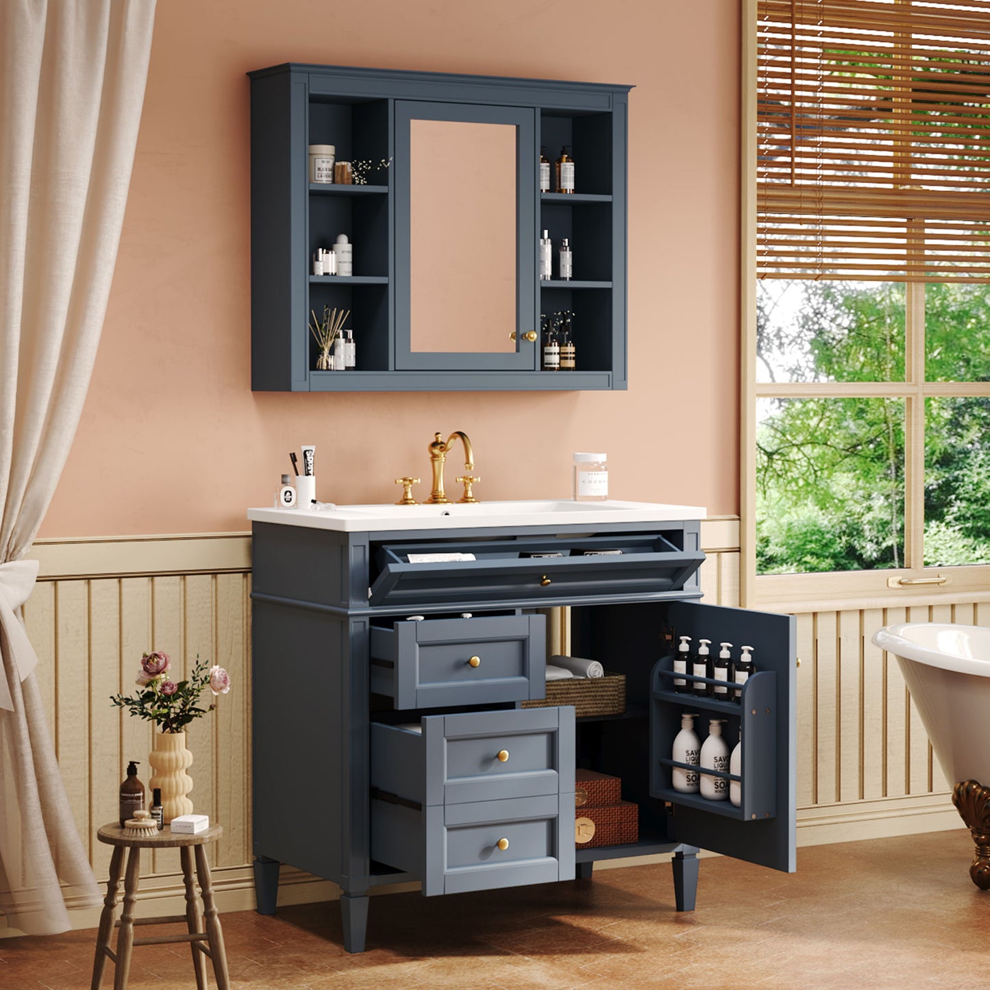 Bathroom Vanity With Mirror Cabinet, Single Sink With 2 Soft Closing Doors And 4 Drawers
