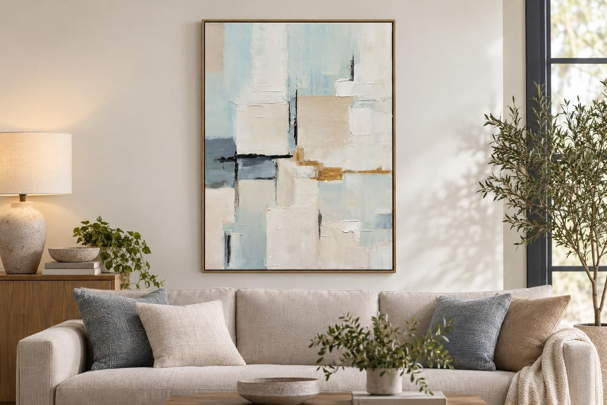Quiet Intervals I - 35 X 47 - Hand-Painted Canvas In Frame - Ivory, Pale Blue, Beige, Gray, Black, Ochre