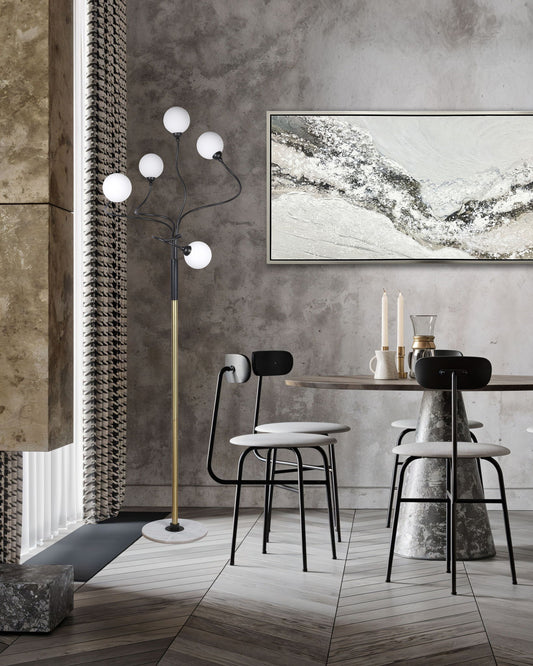 "Celestial Branch" Metal Floor Lamp - Matte Black / White Frosted Glass / White Marble / Soft Gold
