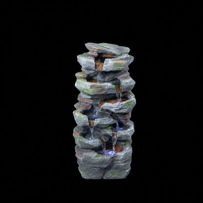 Rock Waterfall Outdoor Fountain With LED Lights - Gray