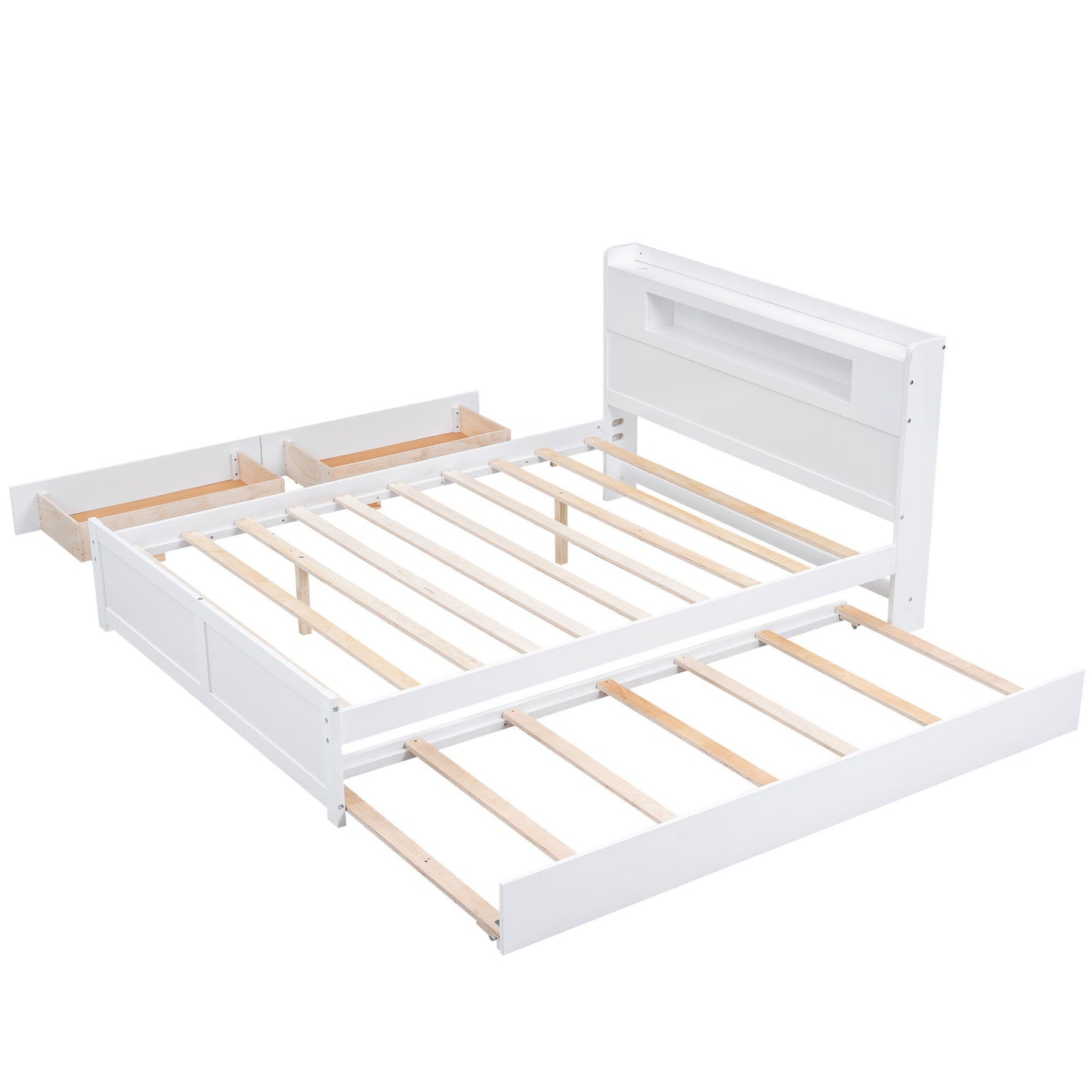 Storage Platform Bed With LED Lights, 2 Drawers And Trundle