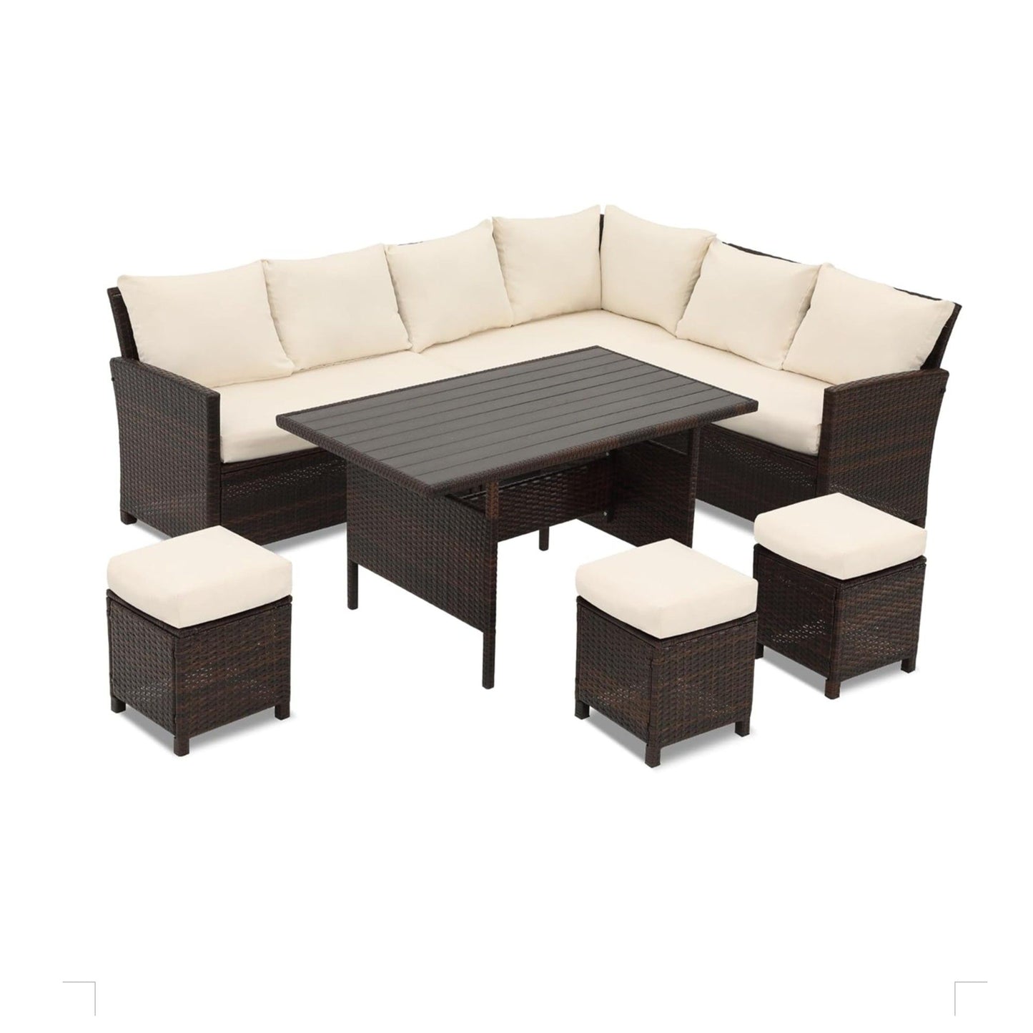 7 Piece Patio Dining Set With Cushions, Modular Sectional Sofa & Storage Table