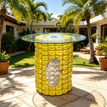 17.32" High Novelty Corn Cob Side Table, 19.69" Wide Vegetable-Shaped End Table With Glass Top, Multi-Functional Accent Furniture For Home & Garden Decoration