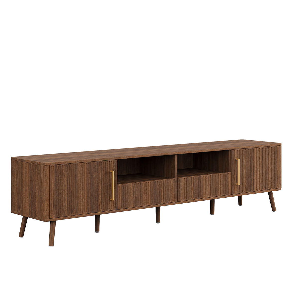 78" TV Stand For 85" TVs With Fluted Doors, Open Shelf, Cable Management - Walnut