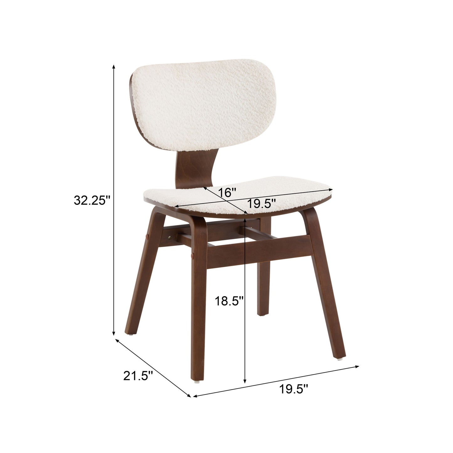 Modern Boucle Fabric Upholstered Side Chair, Bentwood Frame - White / Walnut