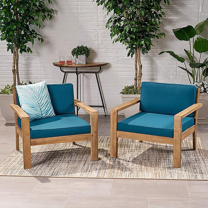 Antoine - Outdoor Acacia Wood Club Chairs With Cushions, (Set of 2)