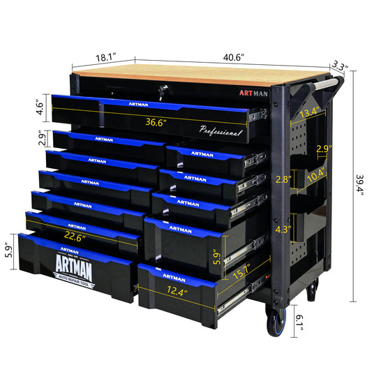 12 Layer Drawer Multi Purpose Tool Cart With Wheels And Wooden Countertops - Black / Blue