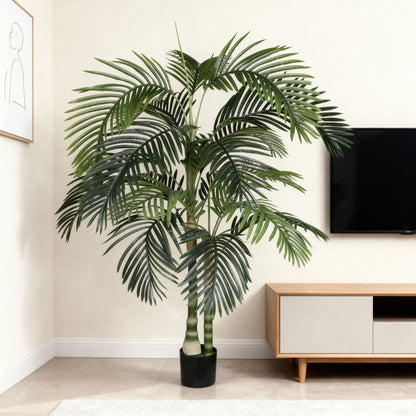 6Ft Golden Cane Artificial Palm Tree With Plastic Pot, Tropical Faux Palm, Indoor / Outdoor Decoration - Green Leaves
