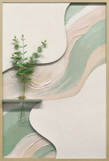 Sage Ribbon II - 33 X 48 - Hand-Painted Neon Canvas In Frame - White