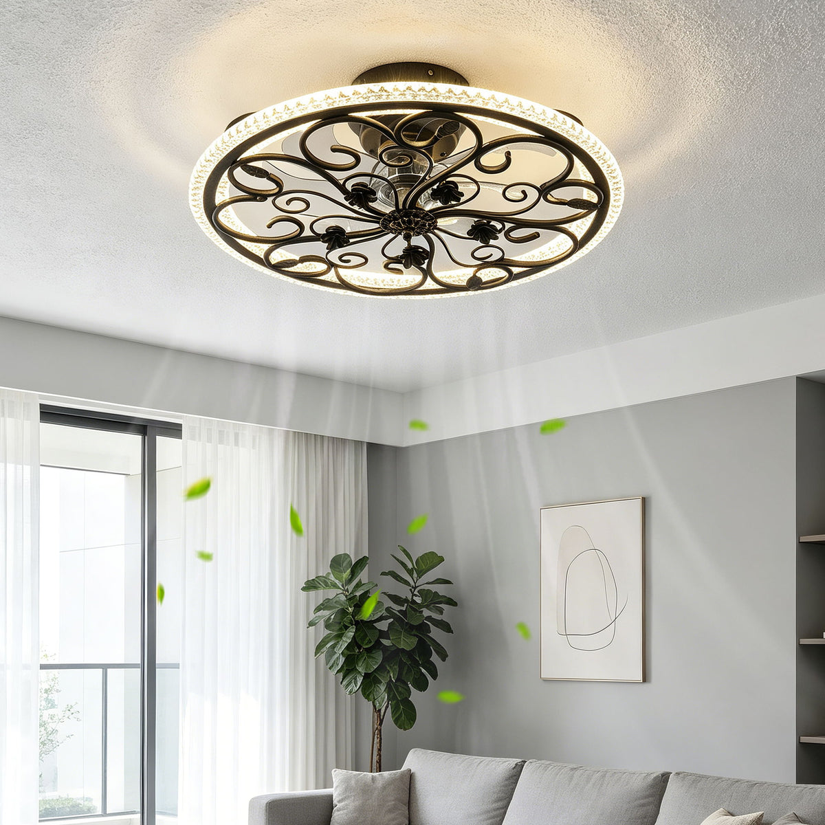 Flower Caged Ceiling Fan With LED Light And Remote Control - Matte Black