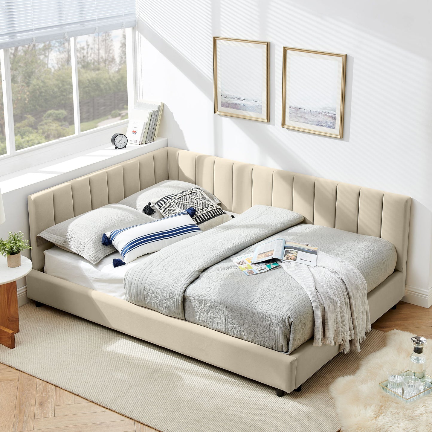 Mid-Century Upholstered Tufted Bed Frame With Backrest And Armrests