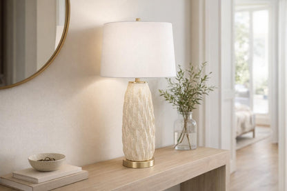 Textured Leaves Carved Ceramic & Metal Table Lamp (Set of 2) - Beige / Soft Gold