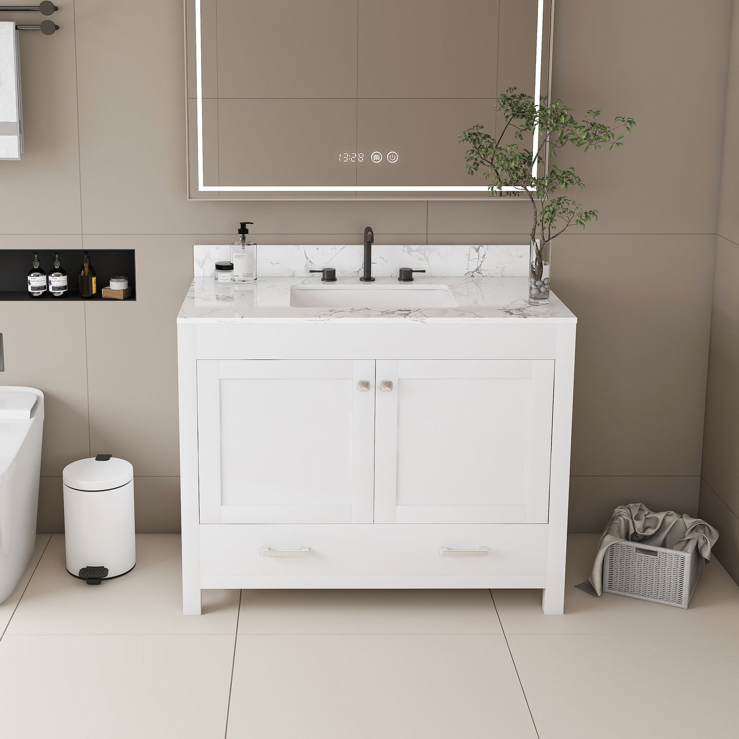 43" Bathroom Vanity With Artificial Marble Carrara Top Set, Multi Functional Bathroom Cabinet With Doors And Drawer - White