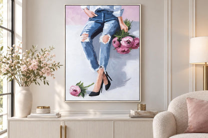 Denim And Peonies II - 36 X 48 - Hand-Embellished Canvas In Frame - Blue