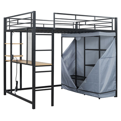 Loft Bed With Desk, Shelves, Power Outlet, LED Light And Wardrobe
