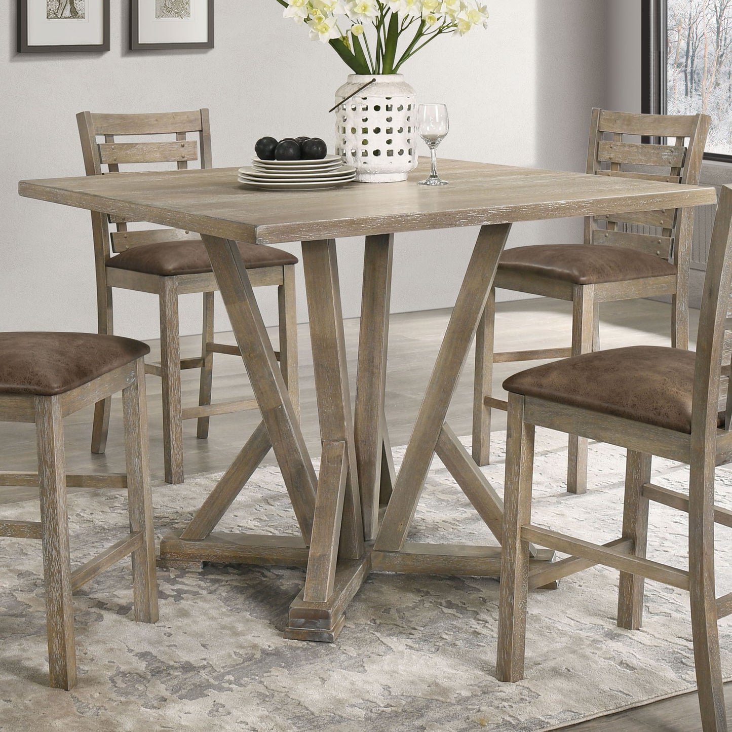 Modern Farmhouse Square Counter Table Solid Wood Rubberwood Antique Finishing Rustic Look Distressed Look Wire Brushed For 4 Seaters - Grayish Brown