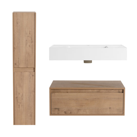 Modern Wall Mounted 30 Inch Bathroom Vanity With Resin Sink And 2 Side Cabinet In Imitative - Imitative Oak