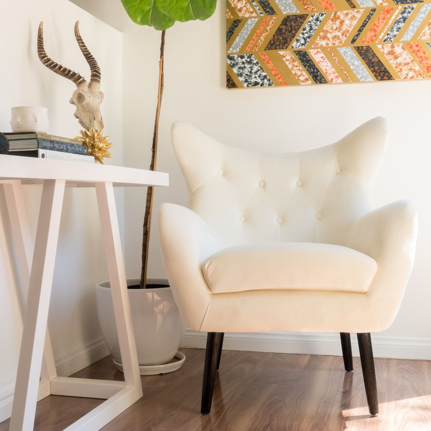 Style Velvet Arm Chair With Wingback And Flared Arms - Ivory