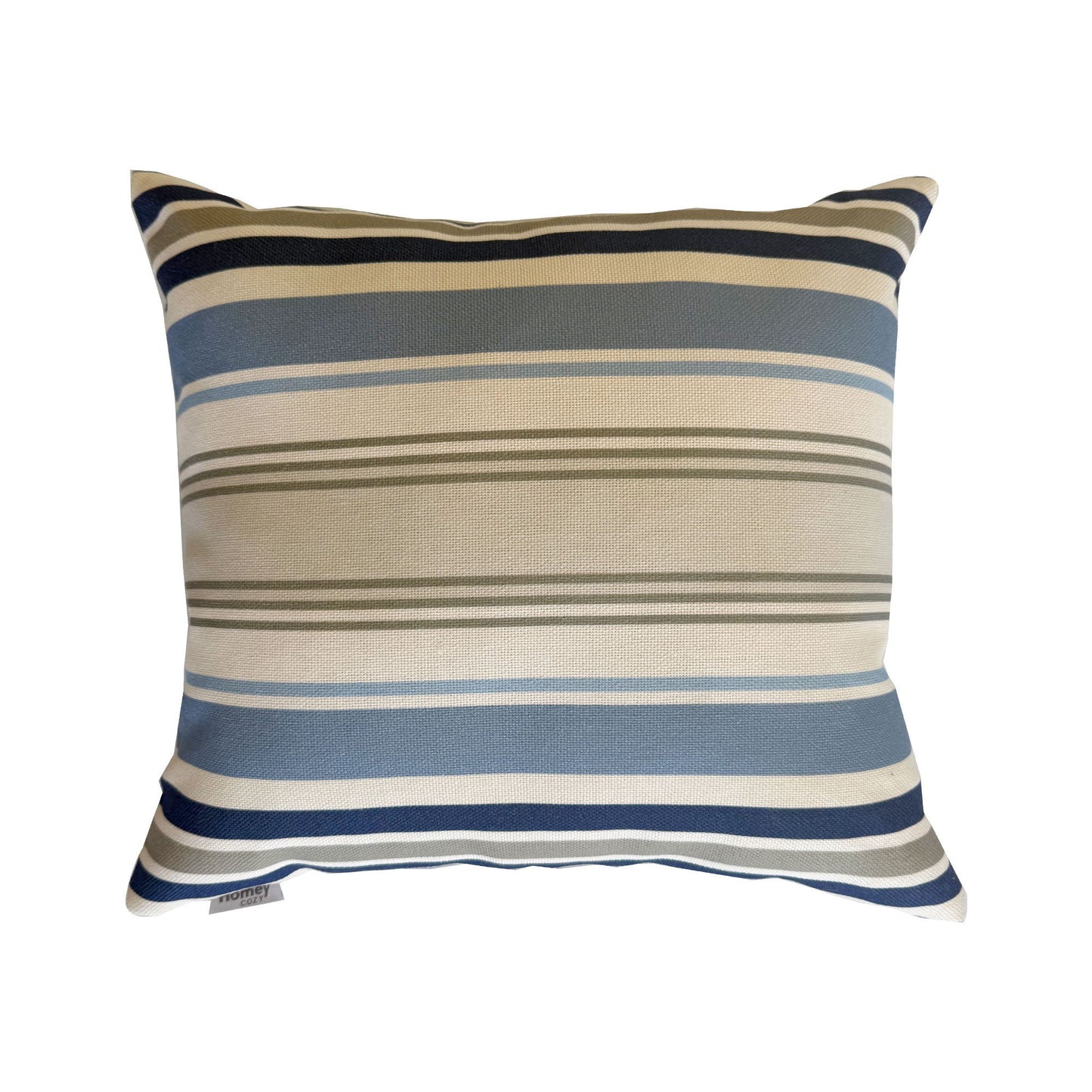Striped pillow with blue and beige pattern on a white background