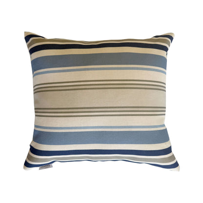 Striped pillow with blue and beige pattern on a white background