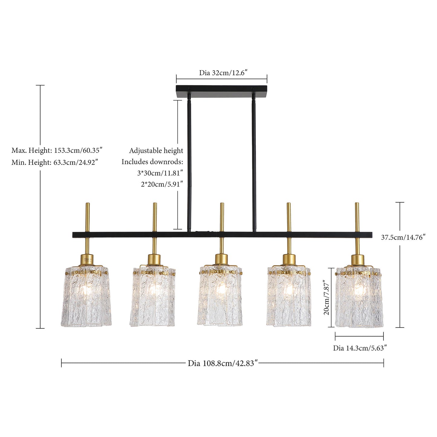 Chandelier 5 Light, Fixture Over Table - Black / Gold