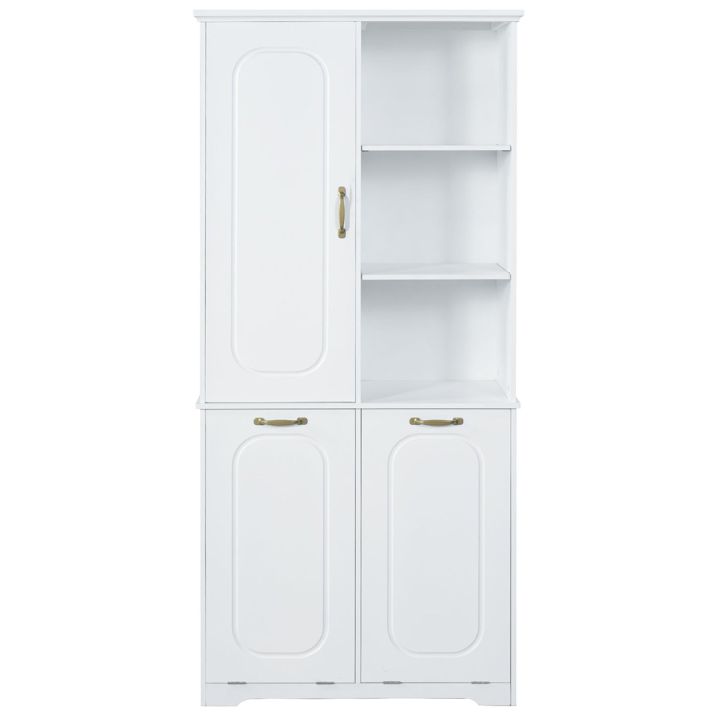 Freestanding Tall Storage Cabinet With 2 Tilt Out Hampers, Adjustable Shelves, Soft Close Door, Door Mounted Organizer - White