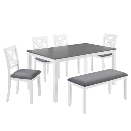 6 Piece Kitchen Dining Set, Rectangular Dining Table With 4 Upholstered Chairs And Bench - Gray / White
