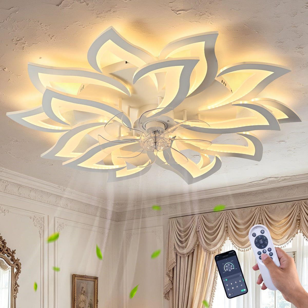 Ceiling Fan With Remote Control And Lights, 6 Speeds, 3 Color Temperatures, Low Profile Flush Mount