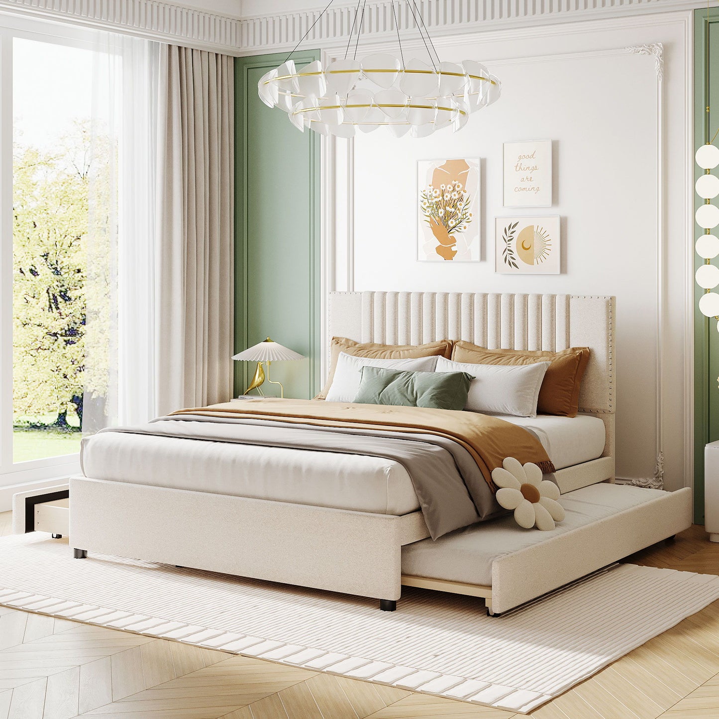 Upholstered Platform Bed With Drawers, Classic Headboard Design