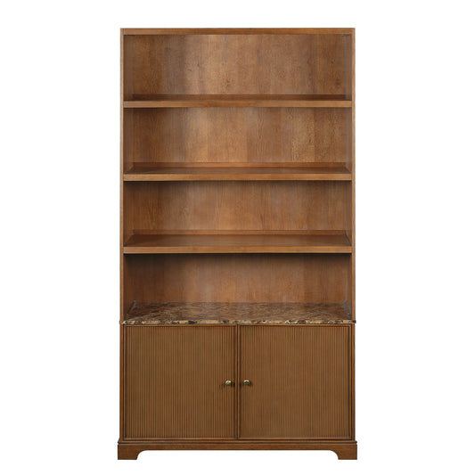 Tall Bookcase Storage Cabinet With 3 Open Shelves & Fluted Double Doors